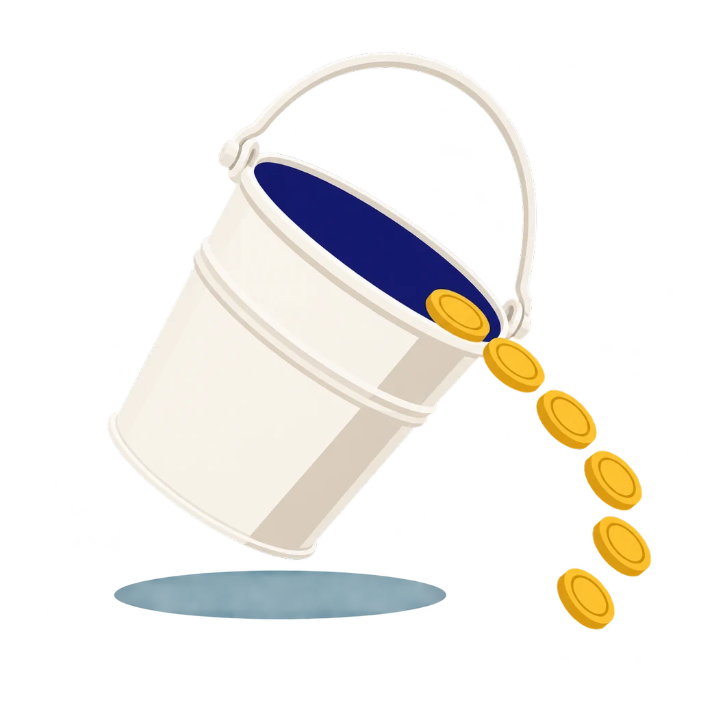 The pail tips and pours coins out